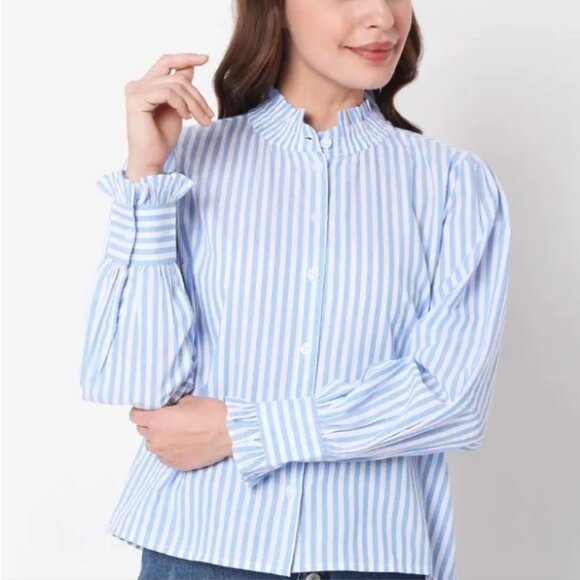 Vero Moda Striped Cotton High Ruffle Neck / Cuffs Women's Button Up Shirt (MED) - Picture 7 of 15